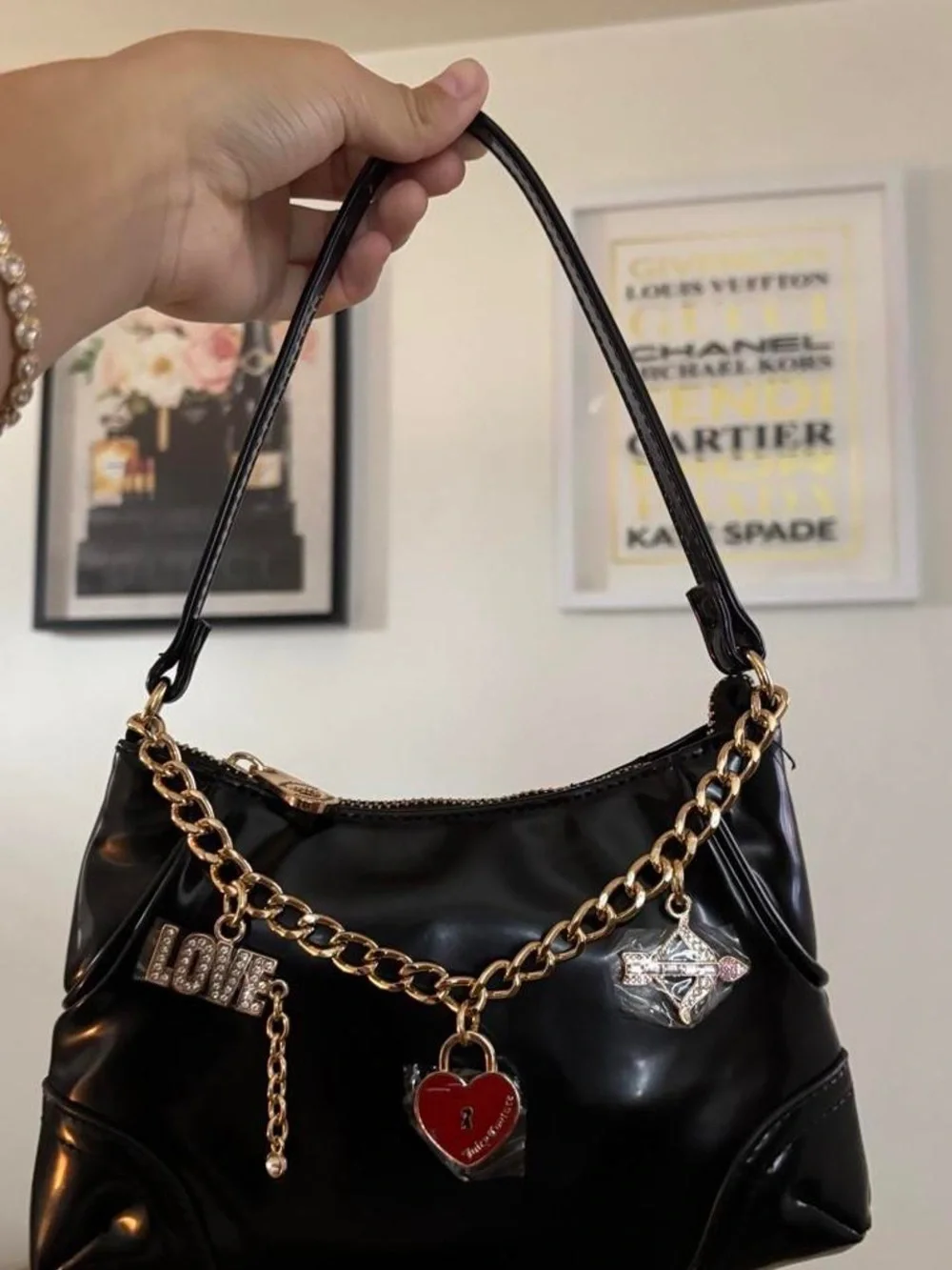 Juicy Couture Black Patent Shoulder Bag with Gold Charm Chain and Red Heart